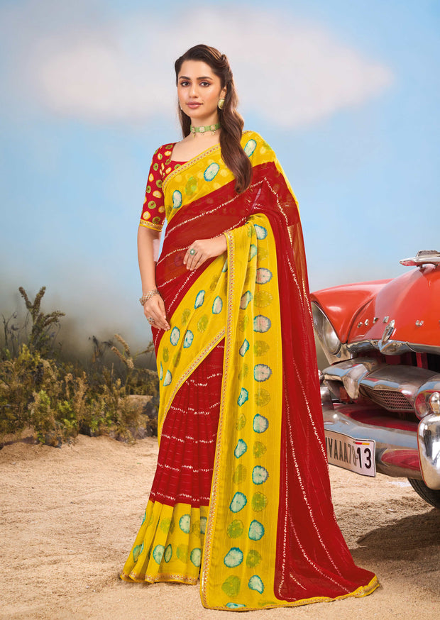 Laxmipati Baarish BandhaniPrinted Georgette Saree in Red Color with Unstitched Blouse