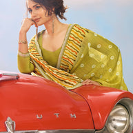 Laxmipati Baarish Ombra Chiffon Saree in Olive Green with Unstitched Blouse