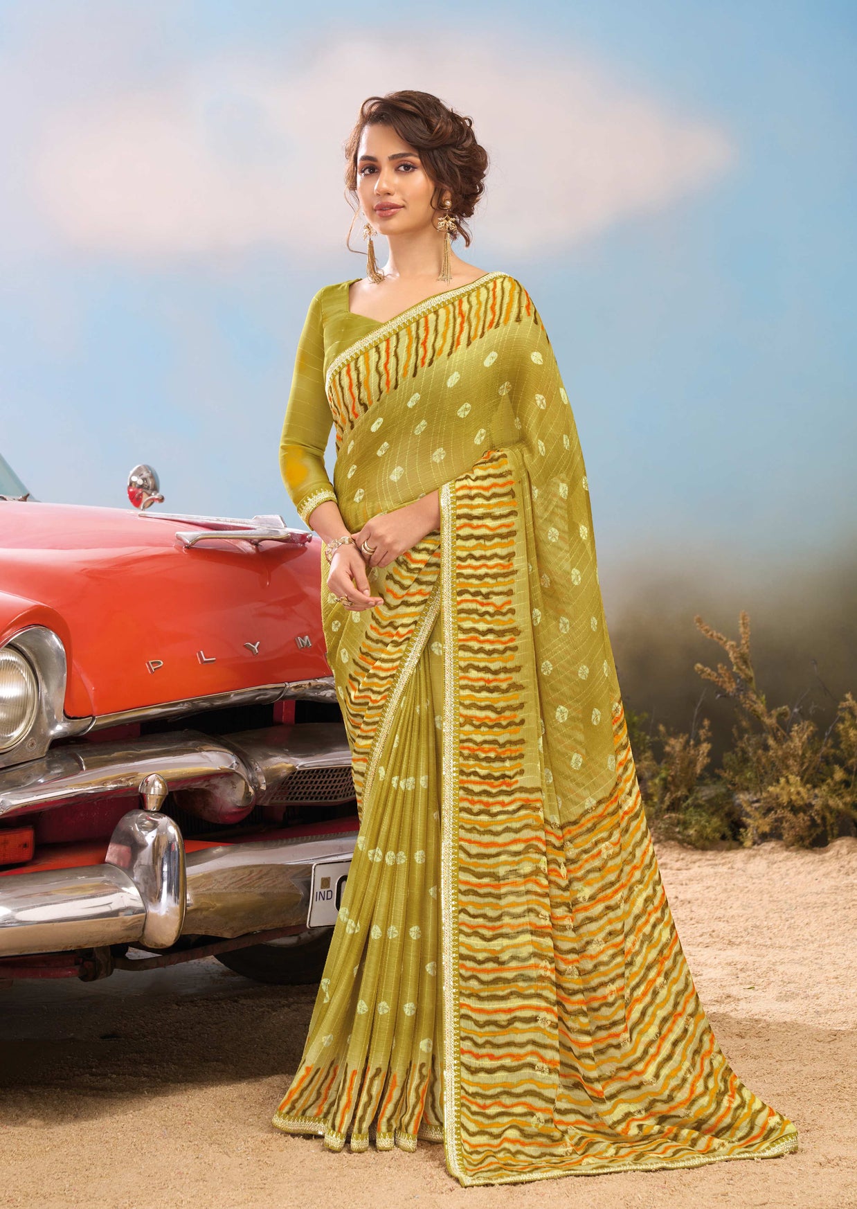 Laxmipati Baarish Ombra Chiffon Saree in Olive Green with Unstitched Blouse