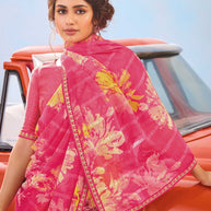 Laxmipati Baarish Floral Printed Chiffon Saree in Pink Color with Unstitched Blouse