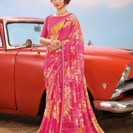 Laxmipati Baarish Floral Printed Chiffon Saree in Pink Color with Unstitched Blouse