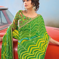 Laxmipati Baarish Wavy Printed Chiffon Saree in Green Color with Unstitched Blouse
