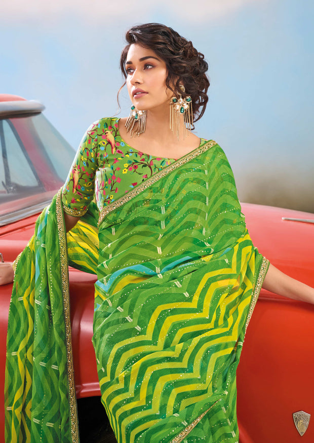 Laxmipati Baarish Wavy Printed Chiffon Saree in Green Color with Unstitched Blouse