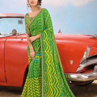 Laxmipati Baarish Wavy Printed Chiffon Saree in Green Color with Unstitched Blouse