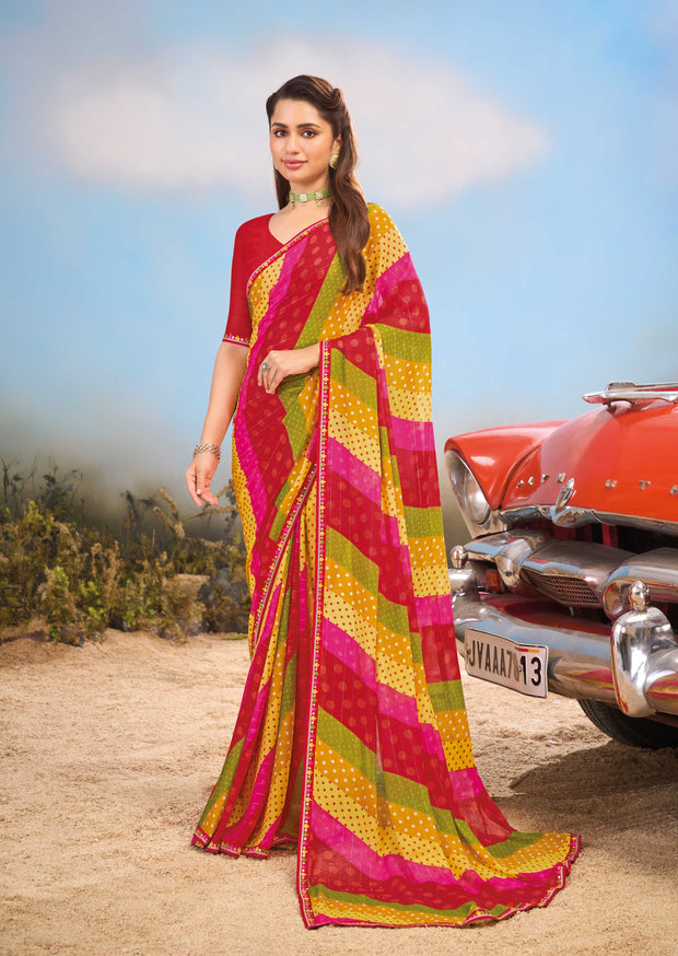 Laxmipati Baarish Striped Printed Georgetee Saree in Multicolor with Unstitched Blouse