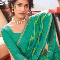 Laxmipati Baarish Abstract Printed Chiffon Saree in Teal Green Color with Unstitched Blouse