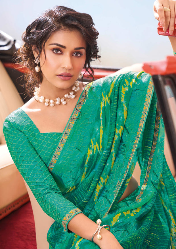 Laxmipati Baarish Abstract Printed Chiffon Saree in Teal Green Color with Unstitched Blouse