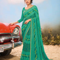 Laxmipati Baarish Abstract Printed Chiffon Saree in Teal Green Color with Unstitched Blouse