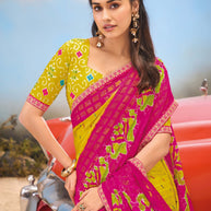 Laxmipati Baarish Abstract Printed Chiffon Saree in Mustard Color with Unstitched Blouse