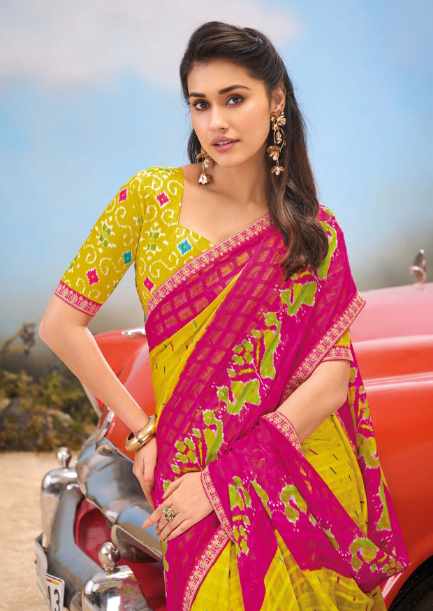 Laxmipati Baarish Abstract Printed Chiffon Saree in Mustard Color with Unstitched Blouse