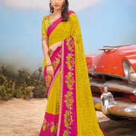 Laxmipati Baarish Abstract Printed Chiffon Saree in Mustard Color with Unstitched Blouse