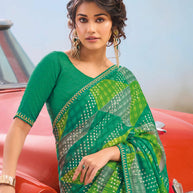 Laxmipati Baarish Geometric Printed Chiffon Saree in Green Color with Unstitched Blouse