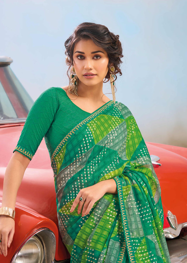Laxmipati Baarish Geometric Printed Chiffon Saree in Green Color with Unstitched Blouse