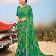 Laxmipati Baarish Geometric Printed Chiffon Saree in Green Color with Unstitched Blouse