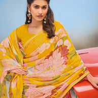 Laxmipati Baarish Floral Printed Chiffon Saree in Mustard Color with Unstitched Blouse