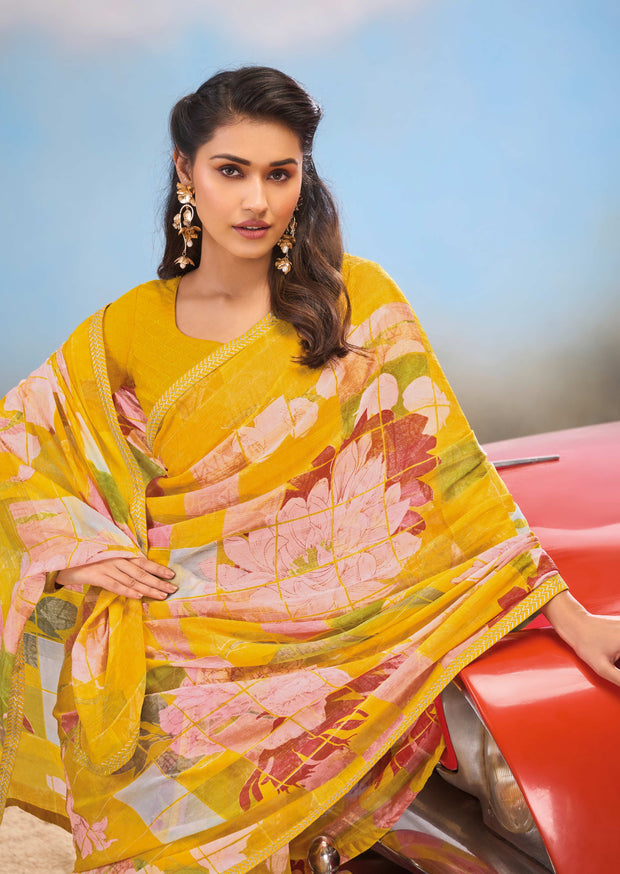 Laxmipati Baarish Floral Printed Chiffon Saree in Mustard Color with Unstitched Blouse