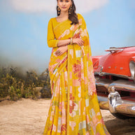 Laxmipati Baarish Floral Printed Chiffon Saree in Mustard Color with Unstitched Blouse