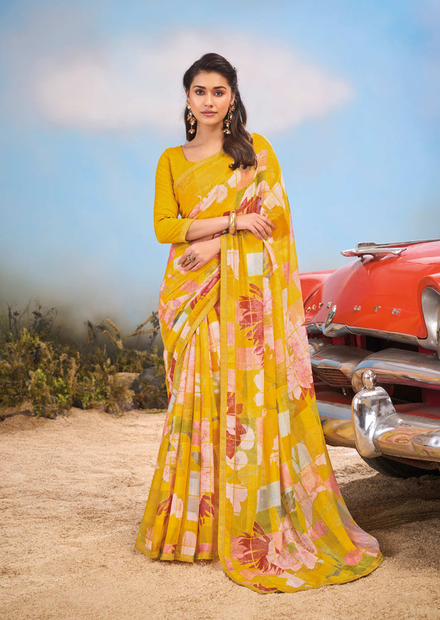 Laxmipati Baarish Floral Printed Chiffon Saree in Mustard Color with Unstitched Blouse