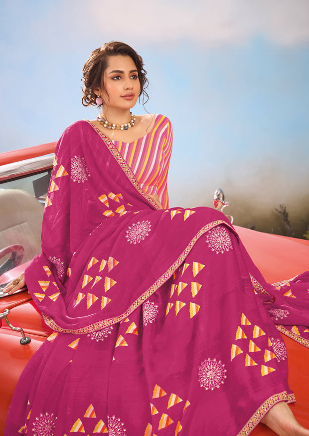 Laxmipati Baarish Geometric Printed Chiffon Saree in Pink Color with Unstitched Blouse