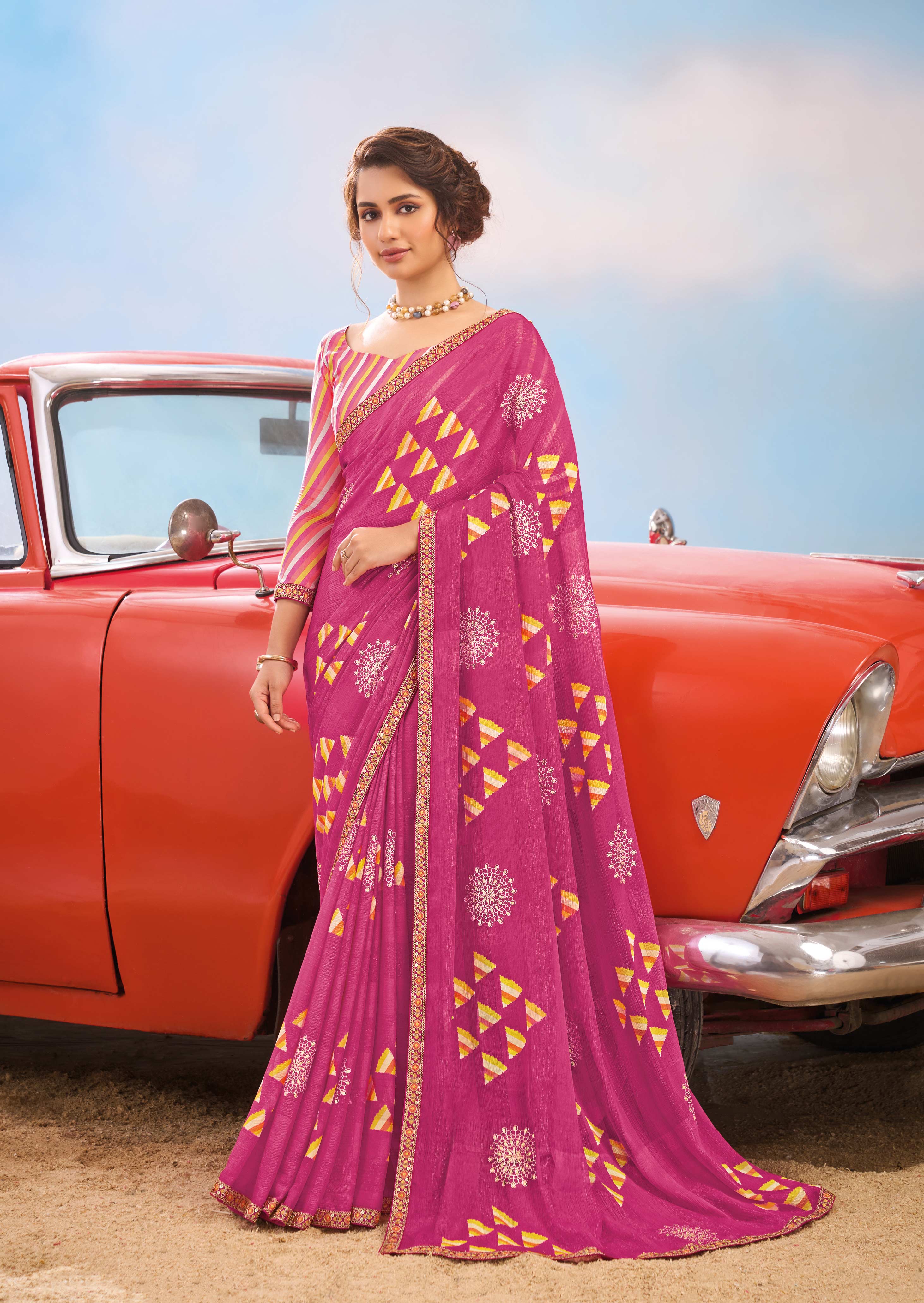 Laxmipati Baarish Geometric Printed Chiffon Saree in Pink Color with Unstitched Blouse