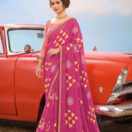 Laxmipati Baarish Geometric Printed Chiffon Saree in Pink Color with Unstitched Blouse