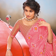 Laxmipati Baarish Abstract Printed Chiffon Saree in Pink Color with Unstitched Blouse