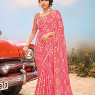 Laxmipati Baarish Abstract Printed Chiffon Saree in Pink Color with Unstitched Blouse