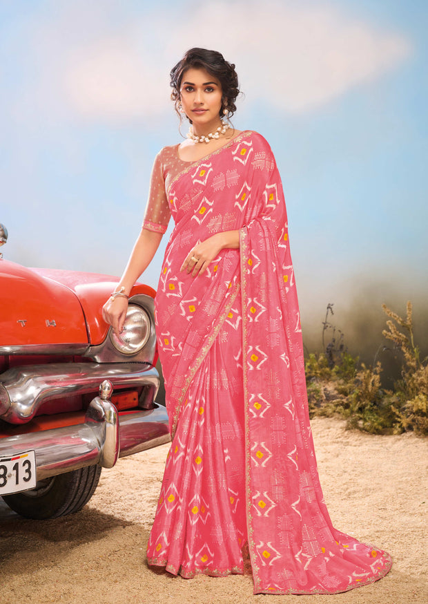 Laxmipati Baarish Abstract Printed Chiffon Saree in Pink Color with Unstitched Blouse