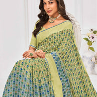 Laxmipati Sitaphal Floral Printed Georgette Saree in Pastel Olive Green Color with Unstitched Blouse