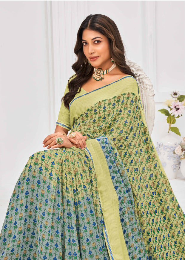 Laxmipati Sitaphal Floral Printed Georgette Saree in Pastel Olive Green Color with Unstitched Blouse