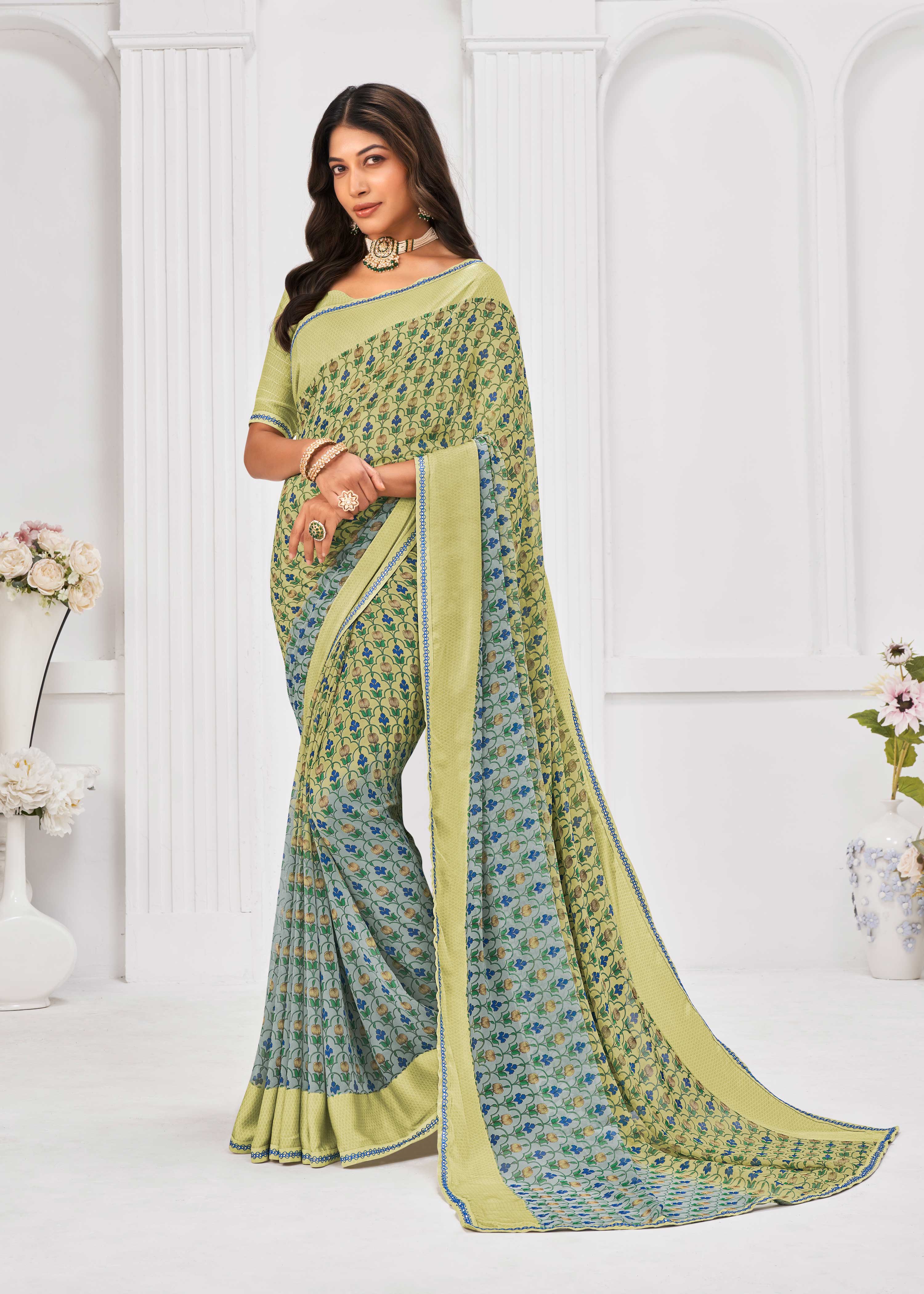 Laxmipati Sitaphal Floral Printed Georgette Saree in Pastel Olive Green Color with Unstitched Blouse