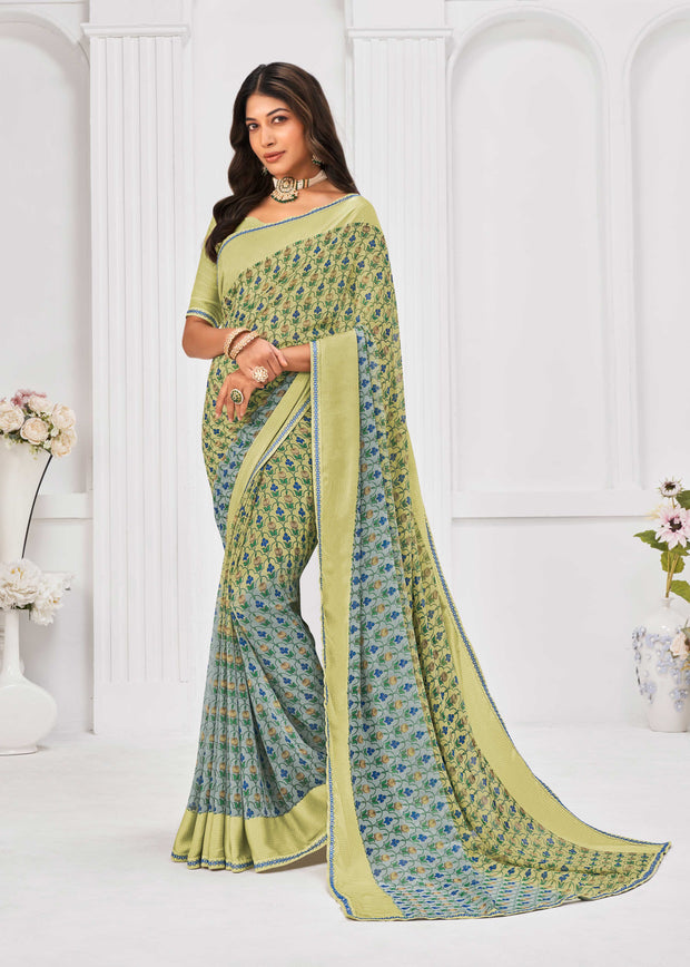 Laxmipati Sitaphal Floral Printed Georgette Saree in Pastel Olive Green Color with Unstitched Blouse