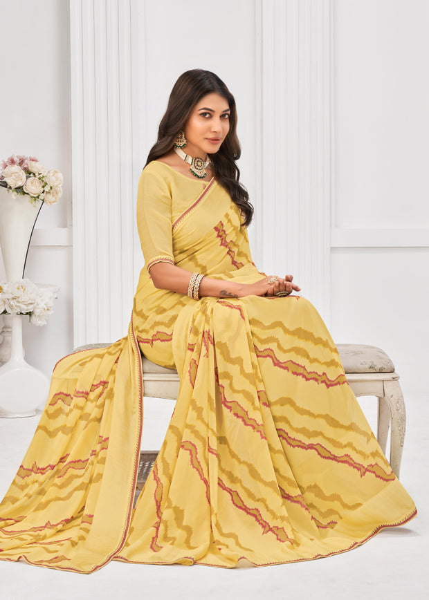 Laxmipati Sitaphal Abstract Printed Georgette Saree in Pastel Yellow with Unstitched Blouse