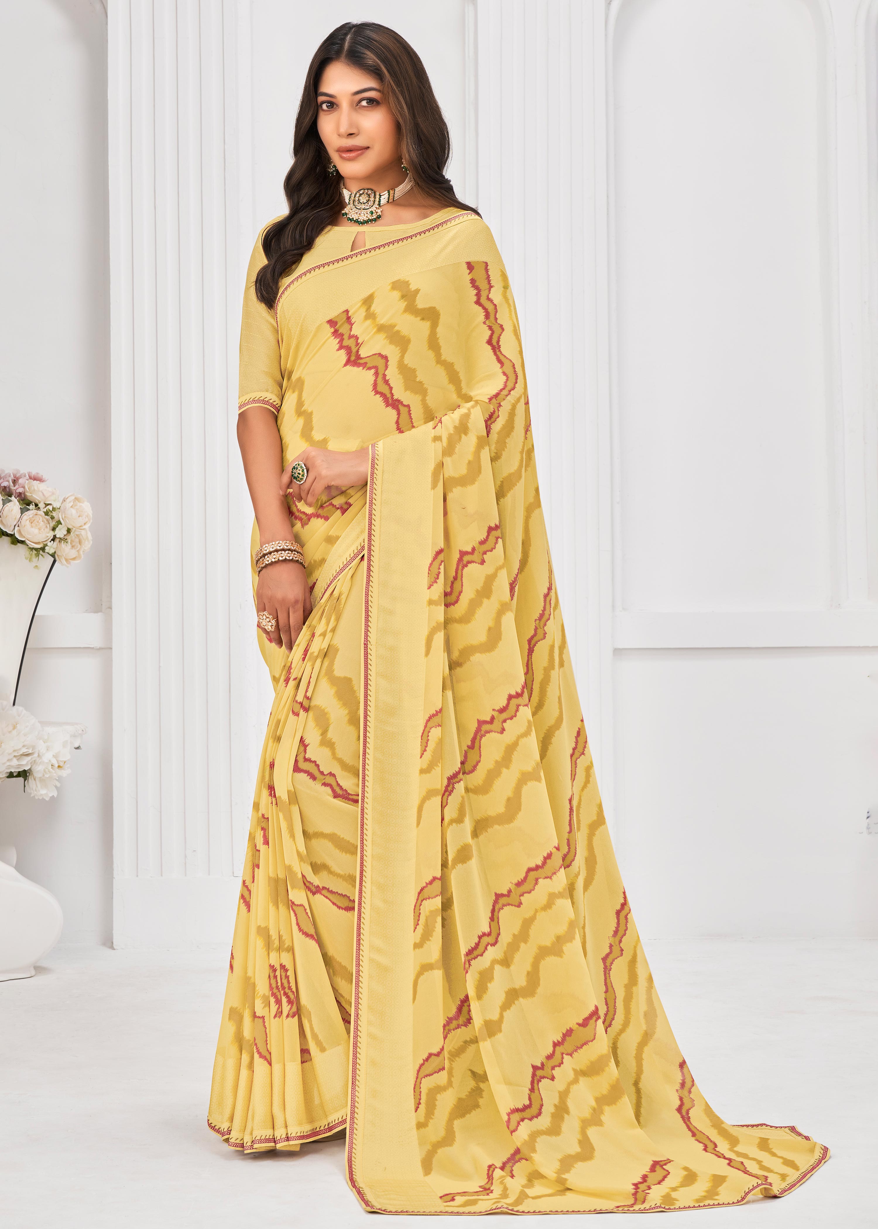Laxmipati Sitaphal Abstract Printed Georgette Saree in Pastel Yellow with Unstitched Blouse