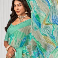 Laxmipati Sitaphal Geometric Printed Georgette Saree in Teal Green Color with Unstitched Blouse