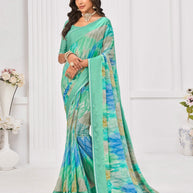 Laxmipati Sitaphal Geometric Printed Georgette Saree in Teal Green Color with Unstitched Blouse