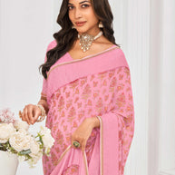 Laxmipati Sitaphal Floral Printed Georgette Saree in Pink Color with Unstitched Blouse