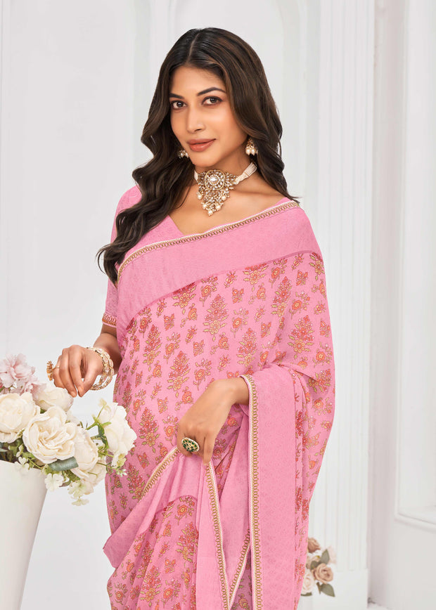 Laxmipati Sitaphal Floral Printed Georgette Saree in Pink Color with Unstitched Blouse