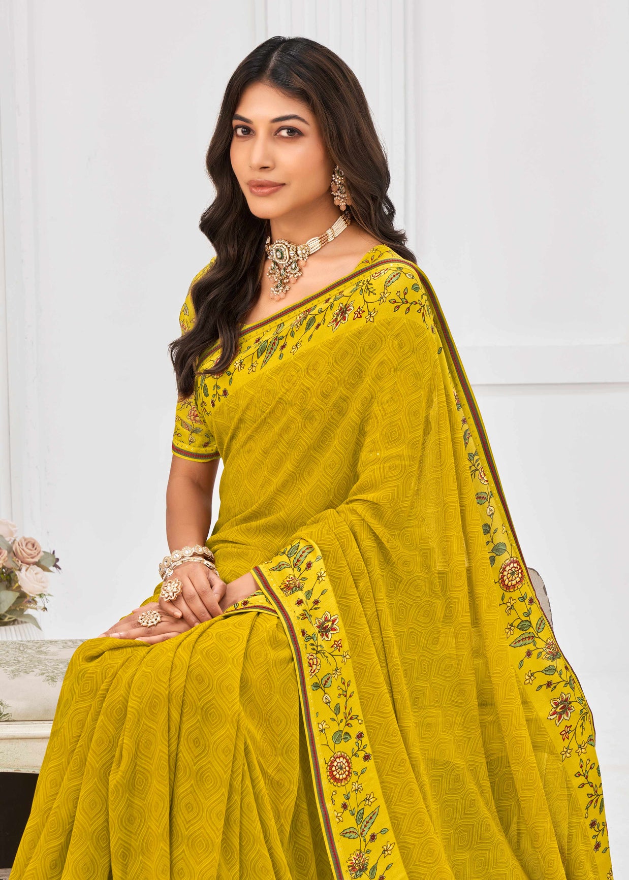 Laxmipati Sitaphal Geometric Printed Georgette Saree in Mustard Color with Unstitched Blouse