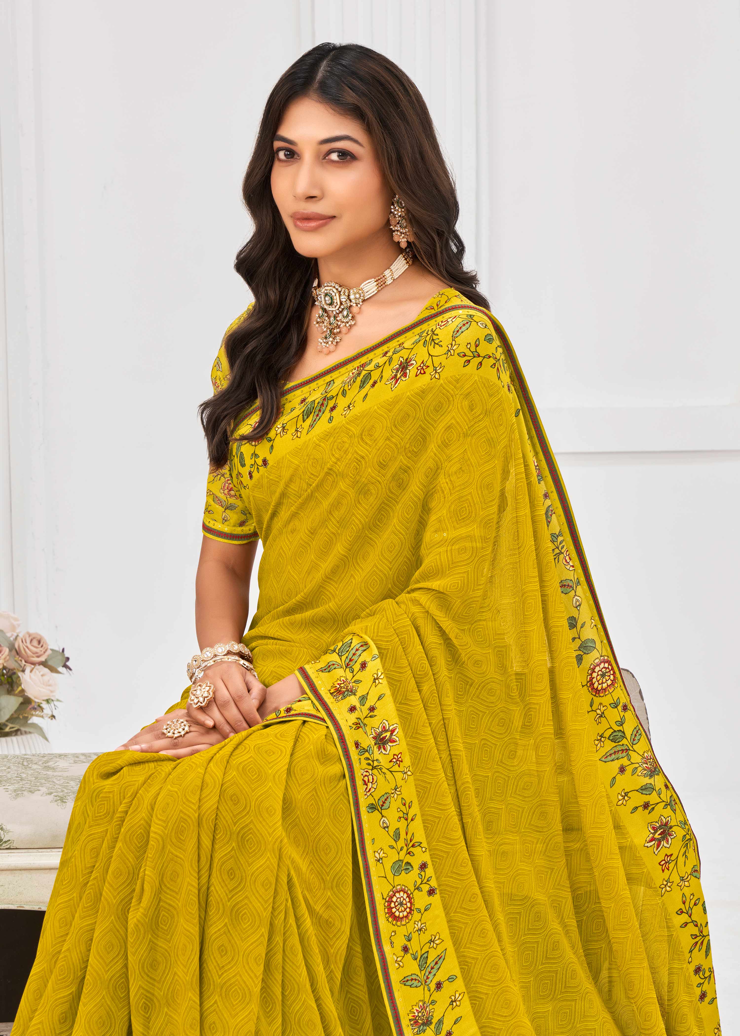 Laxmipati Sitaphal Geometric Printed Georgette Saree in Mustard Color with Unstitched Blouse