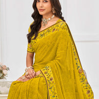 Laxmipati Sitaphal Geometric Printed Georgette Saree in Mustard Color with Unstitched Blouse