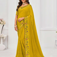 Laxmipati Sitaphal Geometric Printed Georgette Saree in Mustard Color with Unstitched Blouse
