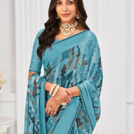 Laxmipati Sitaphal Geometric Printed Georgette Saree in Blue Color with Unstitched Blouse