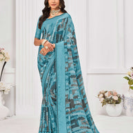 Laxmipati Sitaphal Geometric Printed Georgette Saree in Blue Color with Unstitched Blouse
