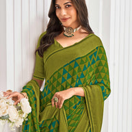 Laxmipati Sitaphal Geometric Printed Georgette Saree in Green Color with Unstitched Blouse