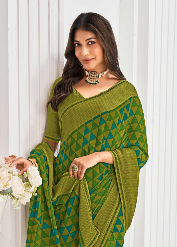 Laxmipati Sitaphal Geometric Printed Georgette Saree in Green Color with Unstitched Blouse