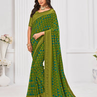 Laxmipati Sitaphal Geometric Printed Georgette Saree in Green Color with Unstitched Blouse