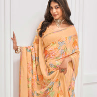 Laxmipati Sitaphal Floral Printed Georgette Saree in Peach Color with Unstitched Blouse