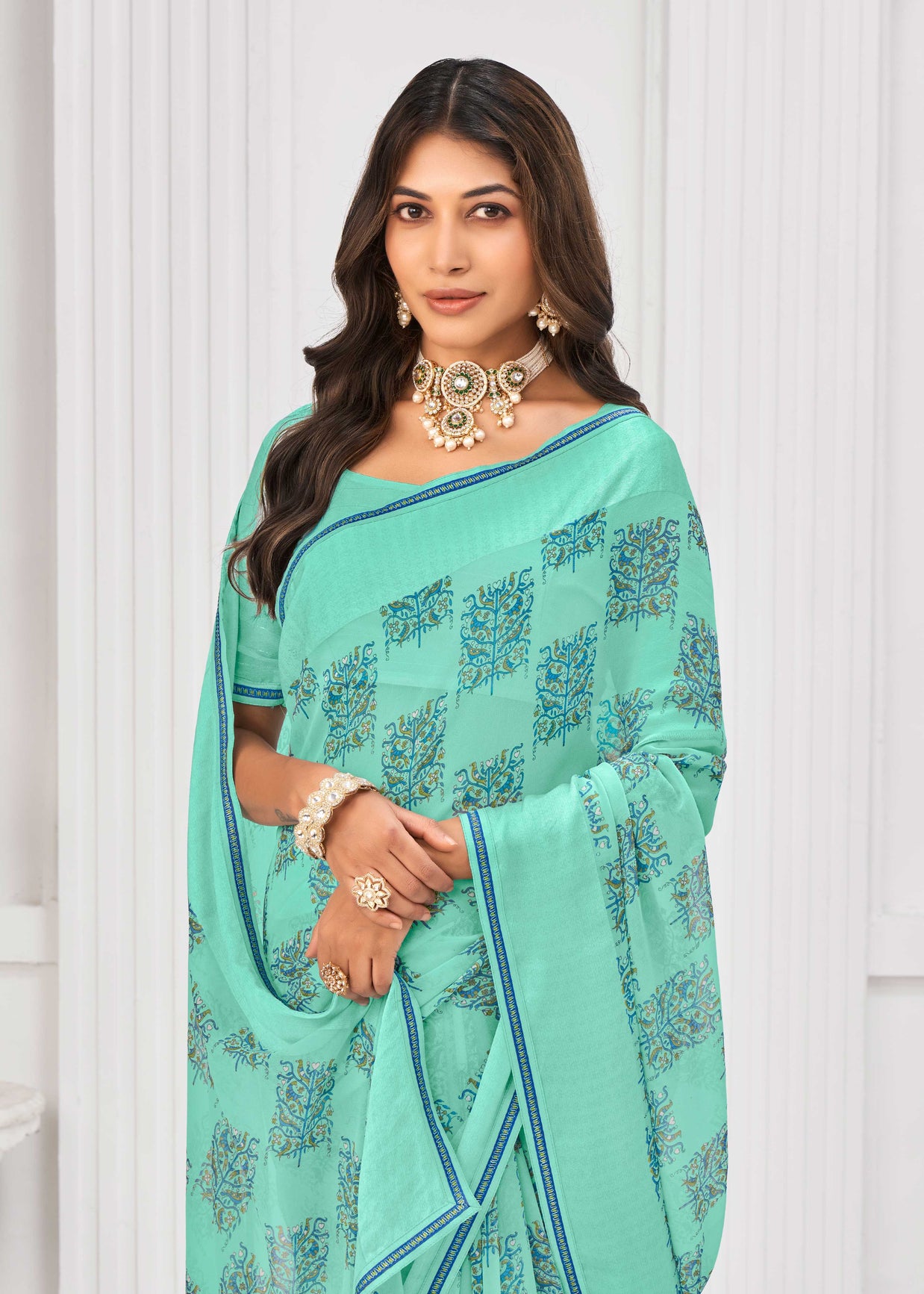 Laxmipati Sitaphal Floral Printed Georgette Saree in Turquoise Blue Color with Unstitched Blouse