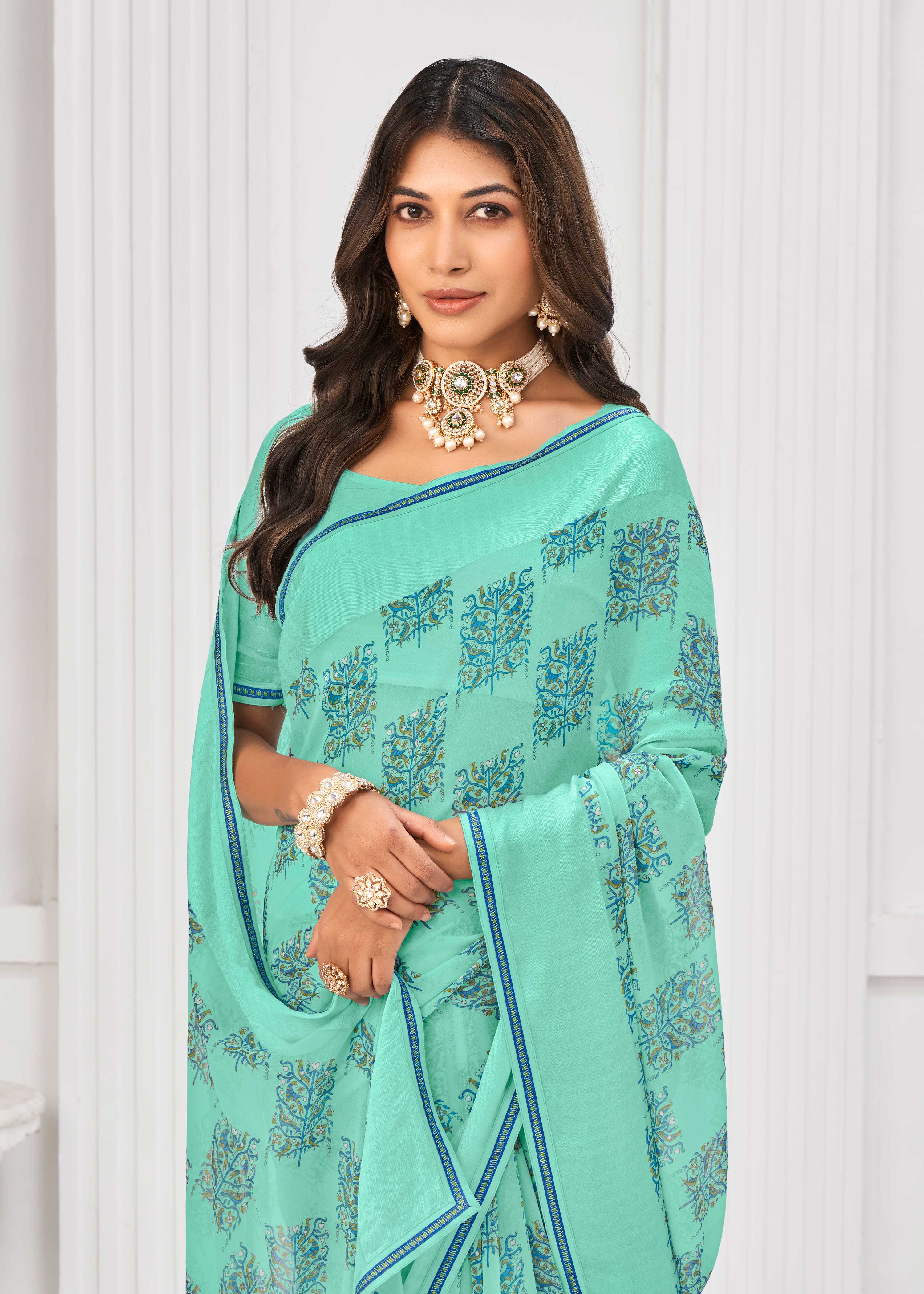 Laxmipati Sitaphal Floral Printed Georgette Saree in Turquoise Blue Color with Unstitched Blouse
